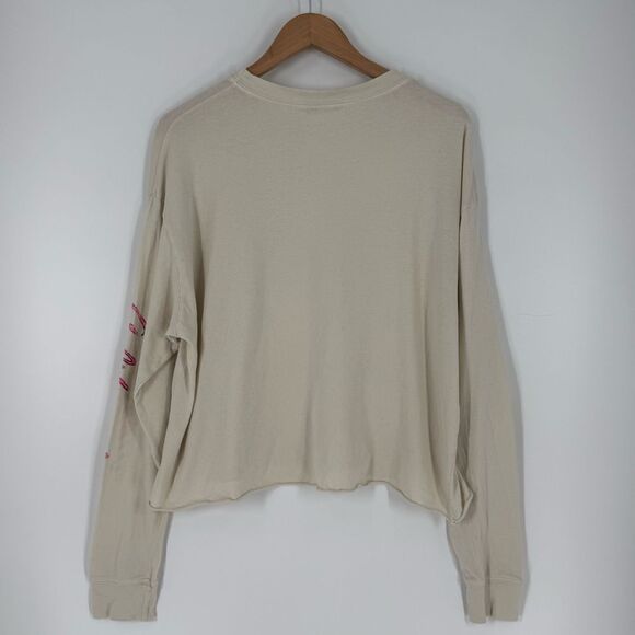 Daydreamer Cali Palms Crop Long Sleeve Neon Graphic Print Tee in Beige | Medium - Picture 5 of 8